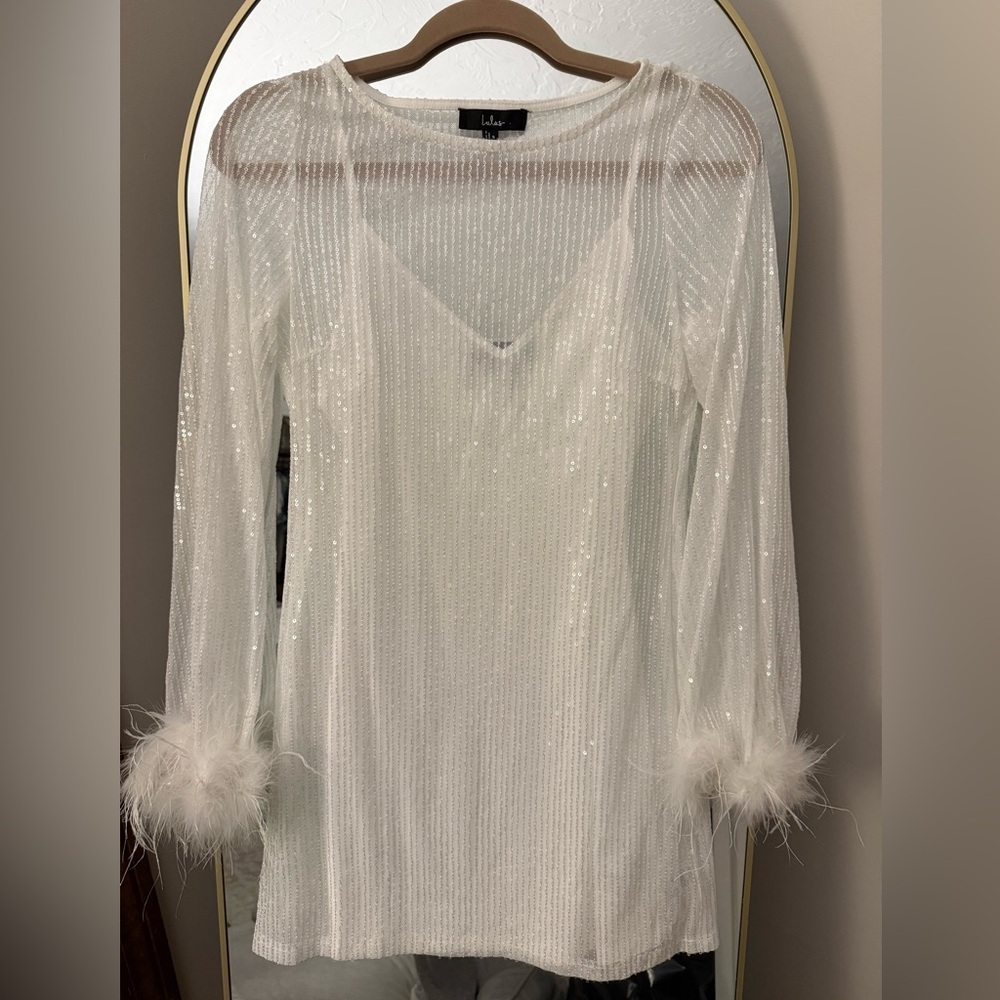 Lulu's White Sequin Mini Dress with Feather Cuffs - Picture 4 of 6